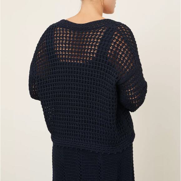 VINCE Crochet Cardigan Sweater Womens 3X Navy Blue Organic Cotton Button Front - Picture 4 of 16